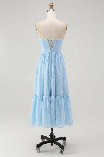 Błękitny Kwiat Gorset Bez Ramiączek Midi Sukienki Na Wesele z Falbankami